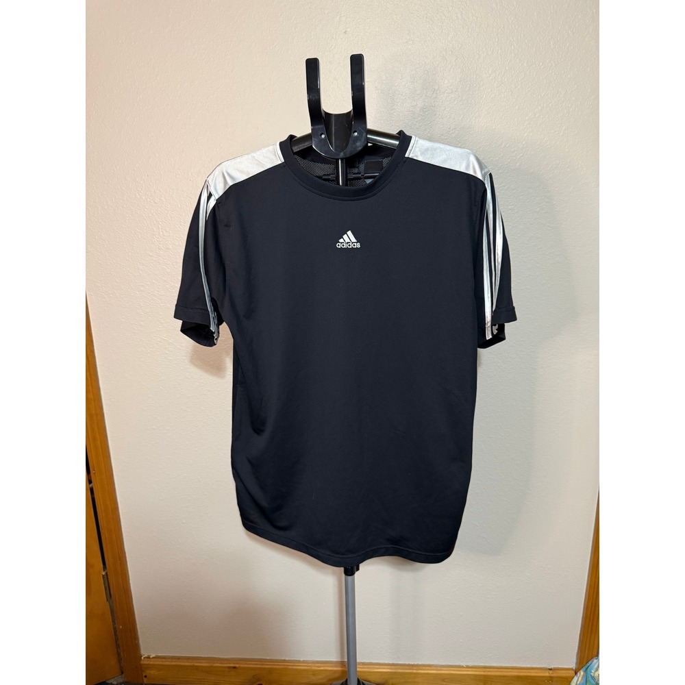 Adidas Mens Activewear T-Shirt Black Silver 3-Stripe Mesh Gym Training Top L